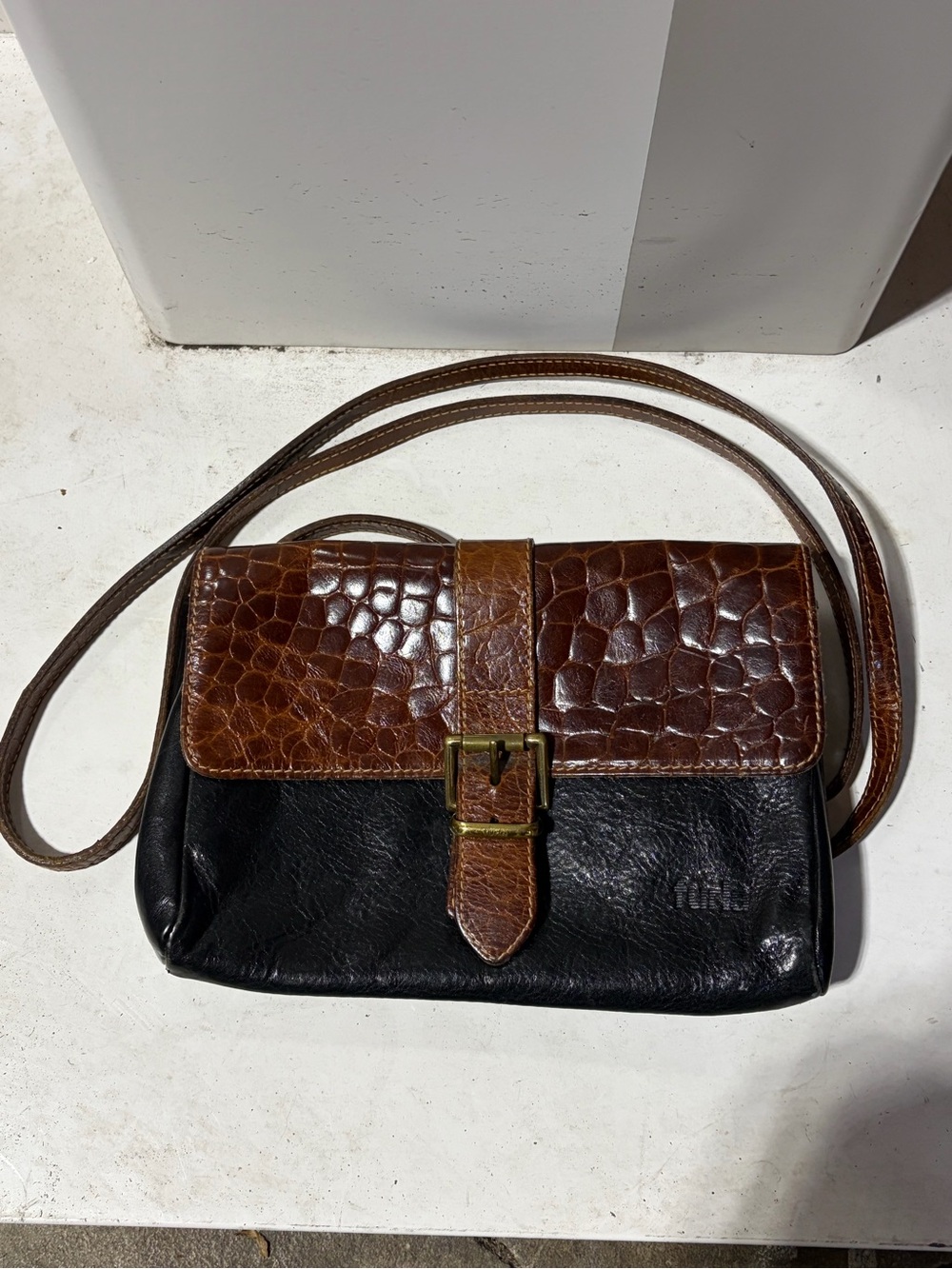Furla Black Body with Brown Croc-Embossed Flap Crossbody Bag